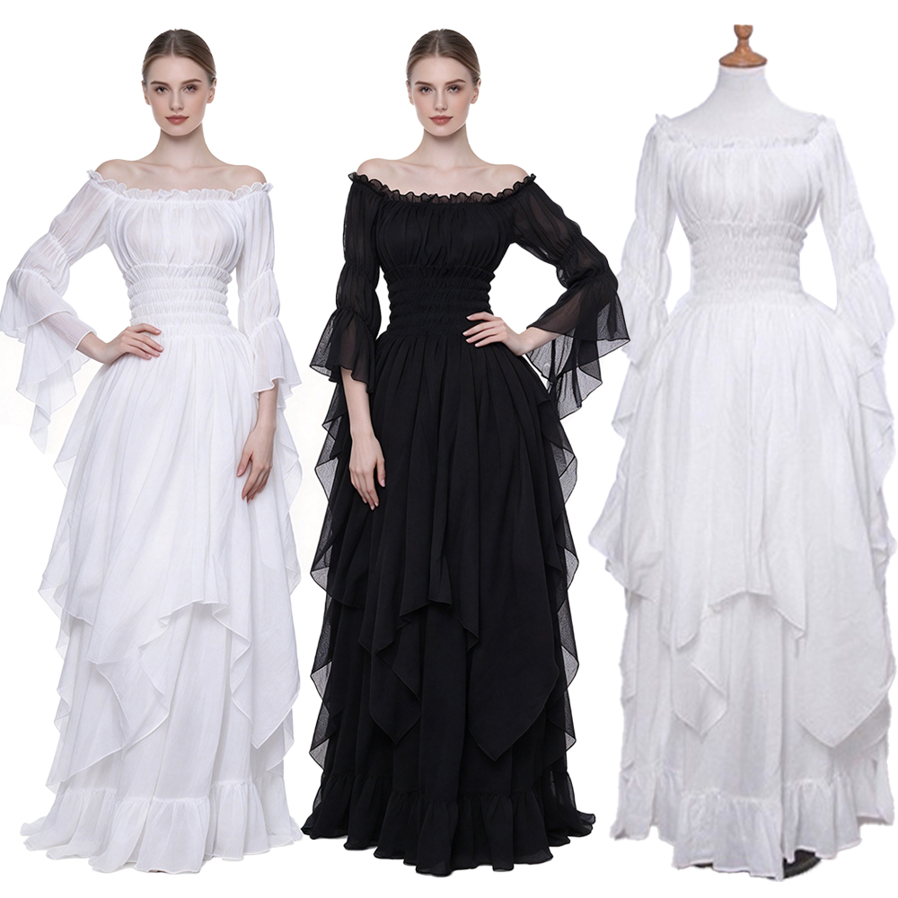 Lace Dress - Vestido Medieval Retro con Hombros Descubiertos,